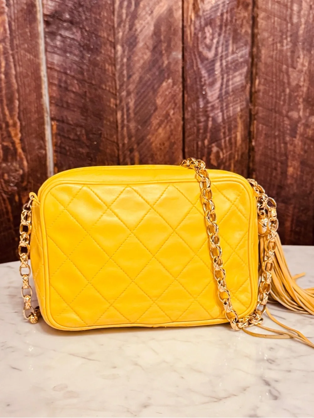 CHANEL Vintage Yellow Lambskin CC Tassel Camera Bag